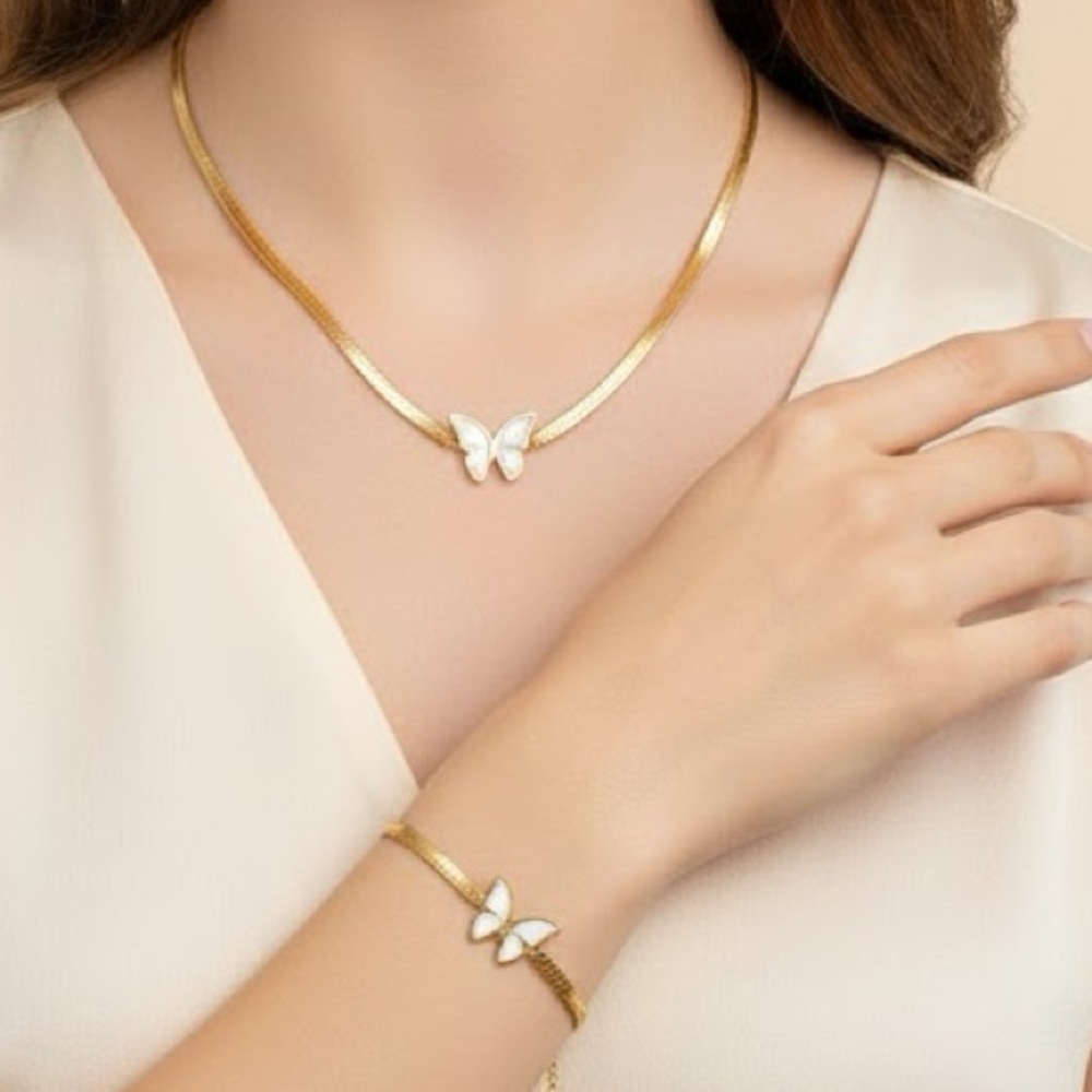 18K Gold Plated Butterfly Mother Of Pearl necklace SET Stainless womens Jewelry